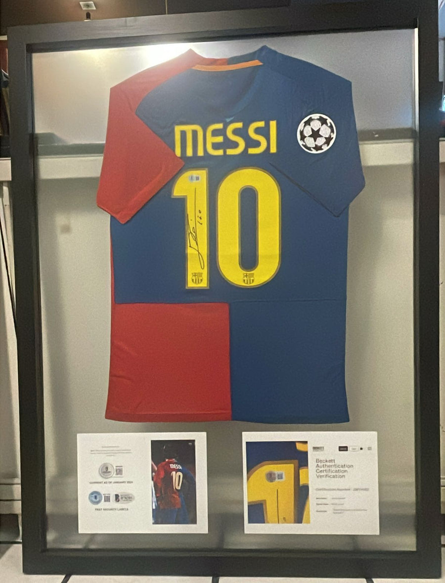 Enmarcado de jersey firmado de Messi en shadow box, Fábrica de Marcos Josalí